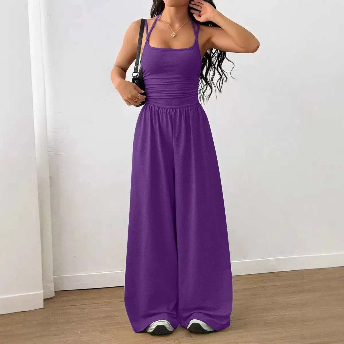 Damen Sommer Schwarz Lässiger Plissierter Lockerer Gerader Jumpsuit Ärmellos Hohe Taille Rückenfreier Overall Einfacher Trägeroverall