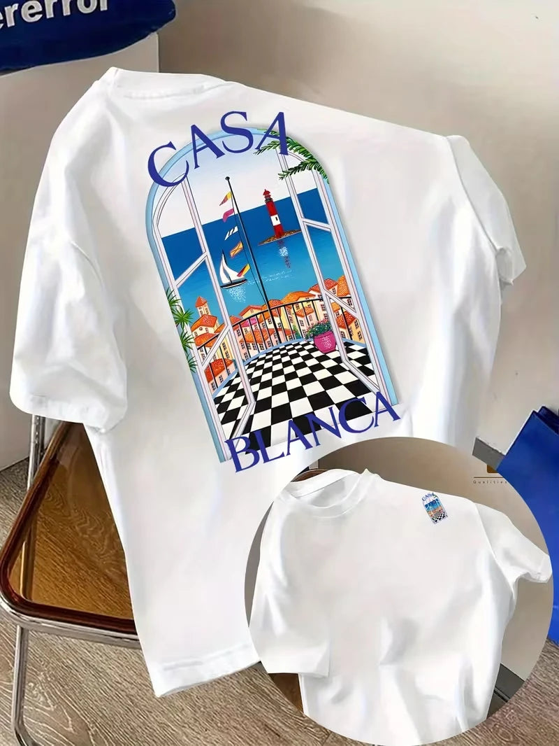 Casablanca Aesthetic Y2K Architectural Graphic Unisex Casual Rundhals Kurzarm Sommer Neutral Streetwear Y2K Kleidung ﻿