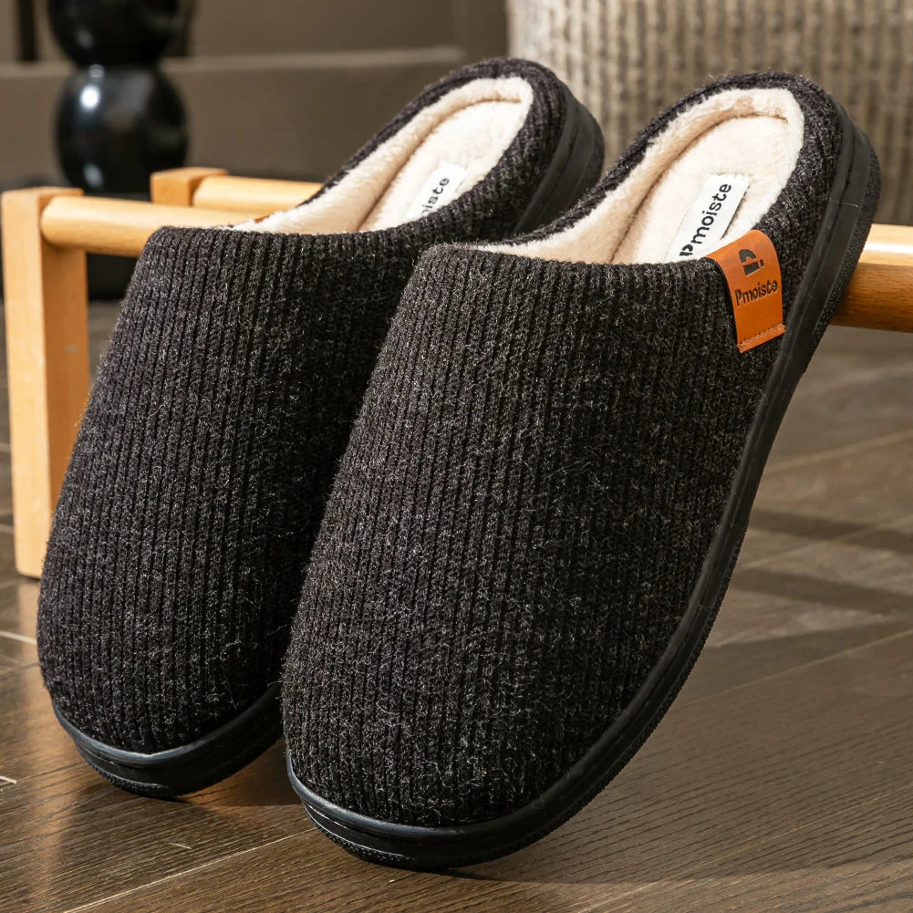 Memory Foam Cushion Hausschuhe Herren Wildleder TPR Sohle Plattform Warm Weich Rutschfest Streifen Bequeme Innenschuhe Gestrickt