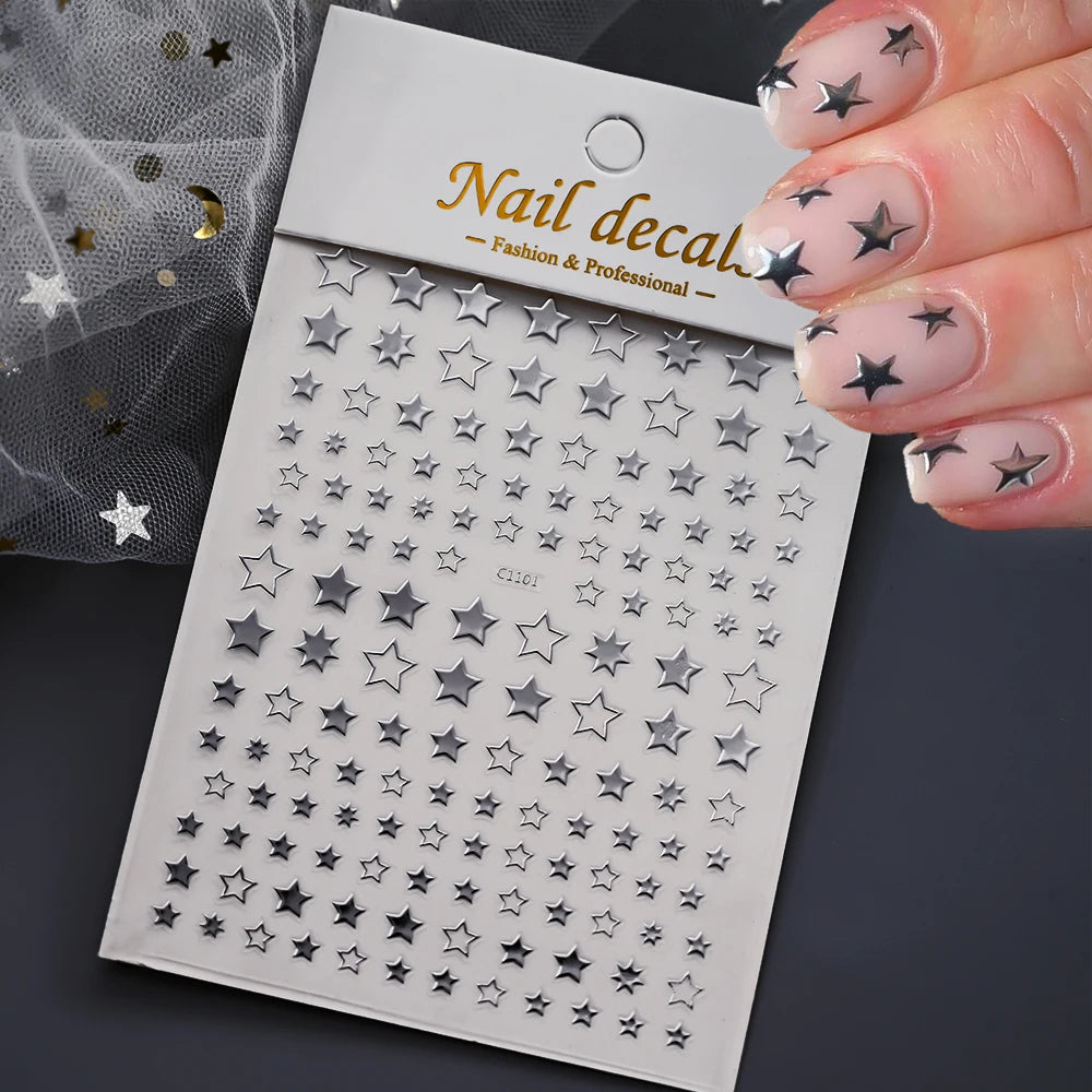 1pc 5D Y2K Gothic Metall Schwarz Silber Sterne Nagel Aufkleber Luxus Stern Nail art Aufkleber Vergoldung Hohl 5-zackigen Nagel Design Slider