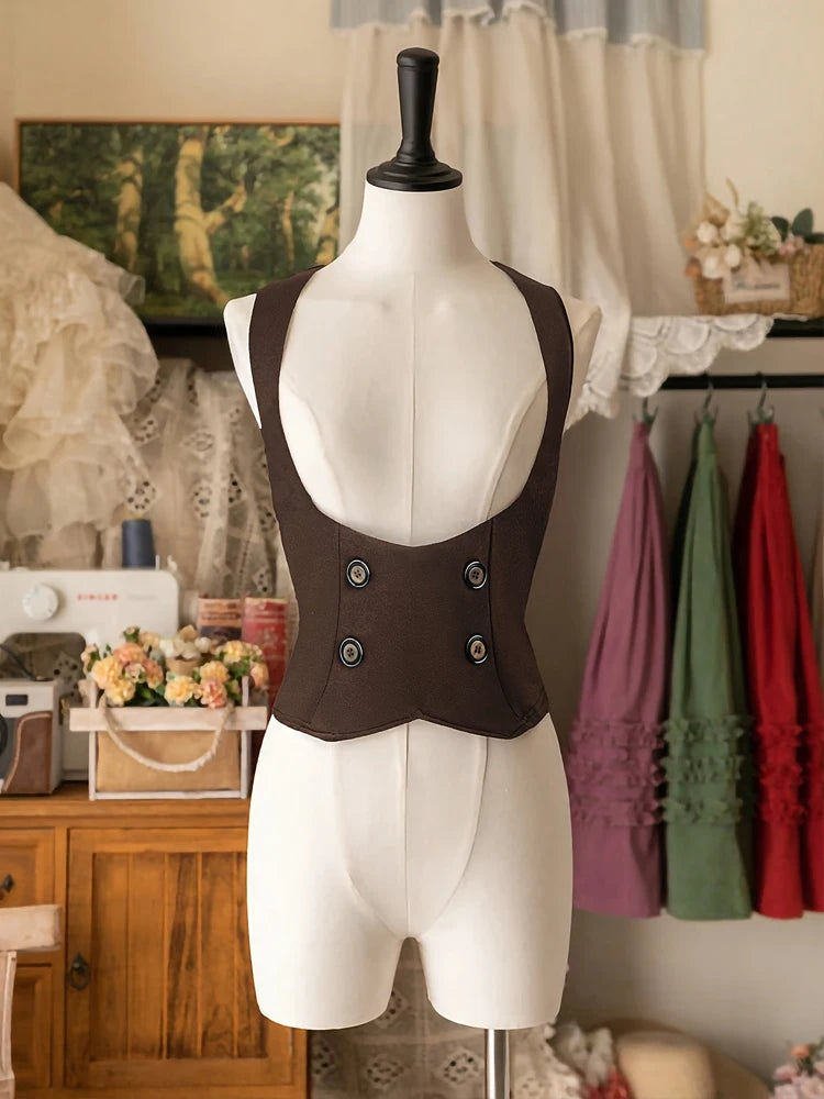 Limitierter Ausverkauf Plus Size Damen-Retro-Rüschenhemd mit hoher Taille, zweiteiliger Anzug, britischer Knopfweste, A-Linien-Rock