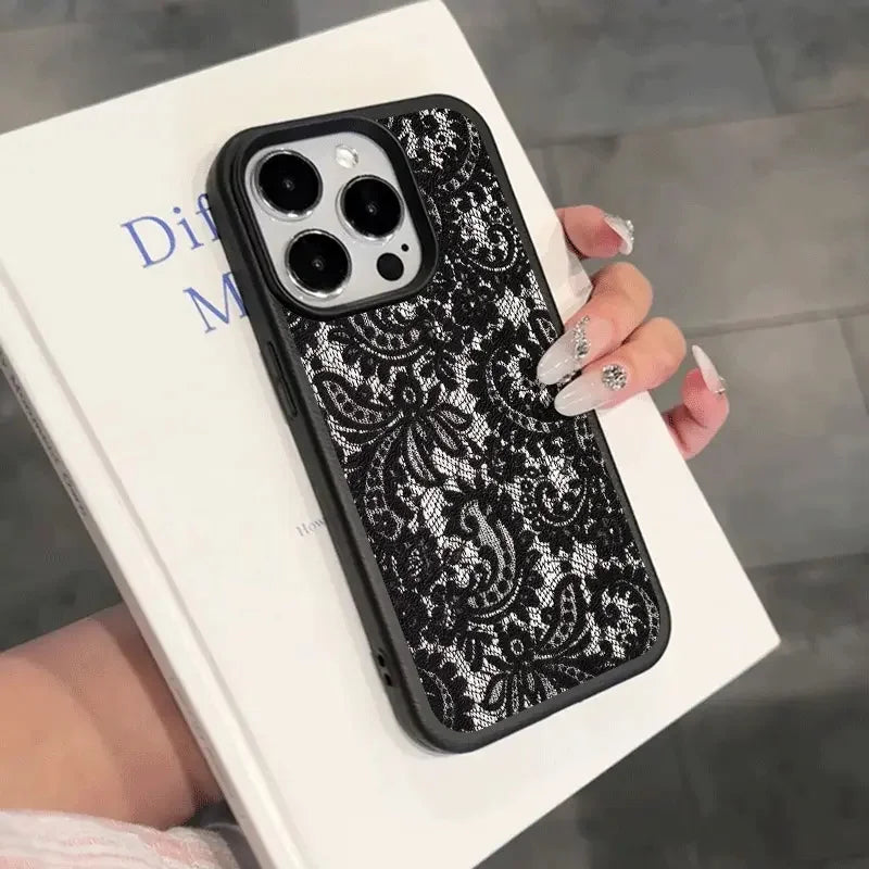 Telefon Fall Für IPhone 17 17Air 16 Pro Max 15 14 Plus 13 12 11 16E X XR XS max Schwarz Spitze Muster Schutz Soft Cover Funda