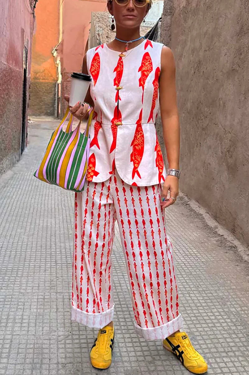VEITCHE Cartoon Red Fish Print Lange Hosen Set Für Frauen 2025 Sommer Kurzarm Hemd Hohe Taille Breite Bein Hose 2 stück Sets