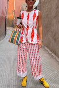 VEITCHE Cartoon Red Fish Print Lange Hosen Set Für Frauen 2025 Sommer Kurzarm Hemd Hohe Taille Breite Bein Hose 2 stück Sets