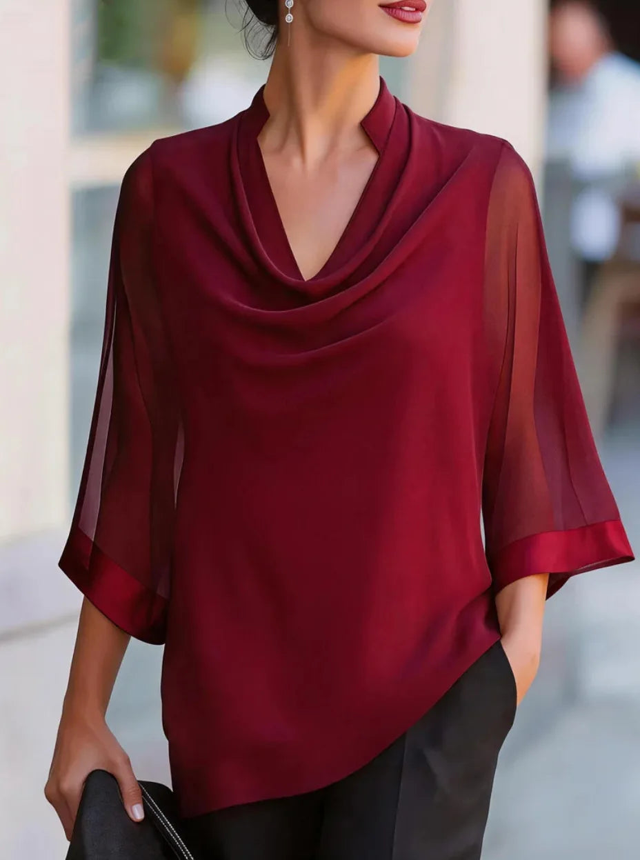 Dreiviertel-Ärmel Transparente Satin-Bluse Locker Geschnittener Asymmetrischer Saum Elegante Bürokleidung Damen Freizeithemd