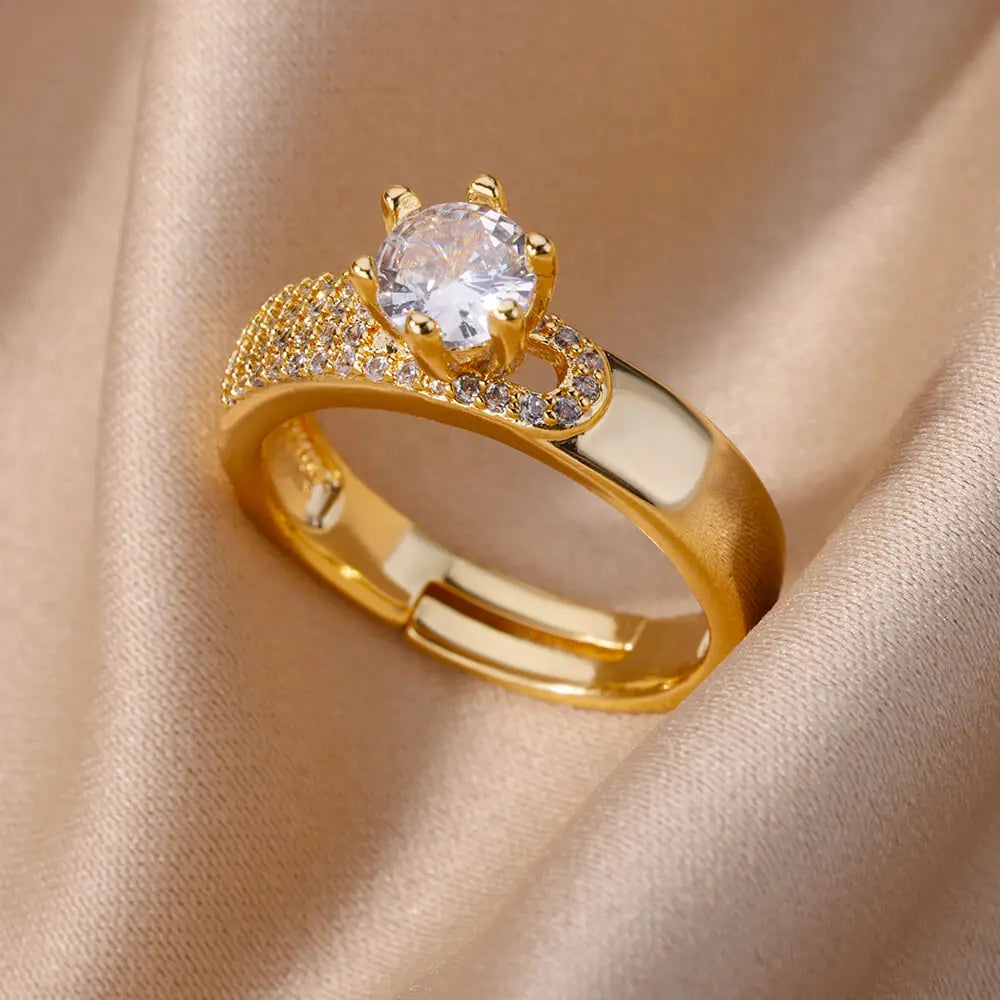 Edelstahl Runde Ringe Für Frauen Zirkon Geometrische Gold Farbe Kristall Ring Ästhetischen Hochzeit Schmuck Geschenk Bague Femme