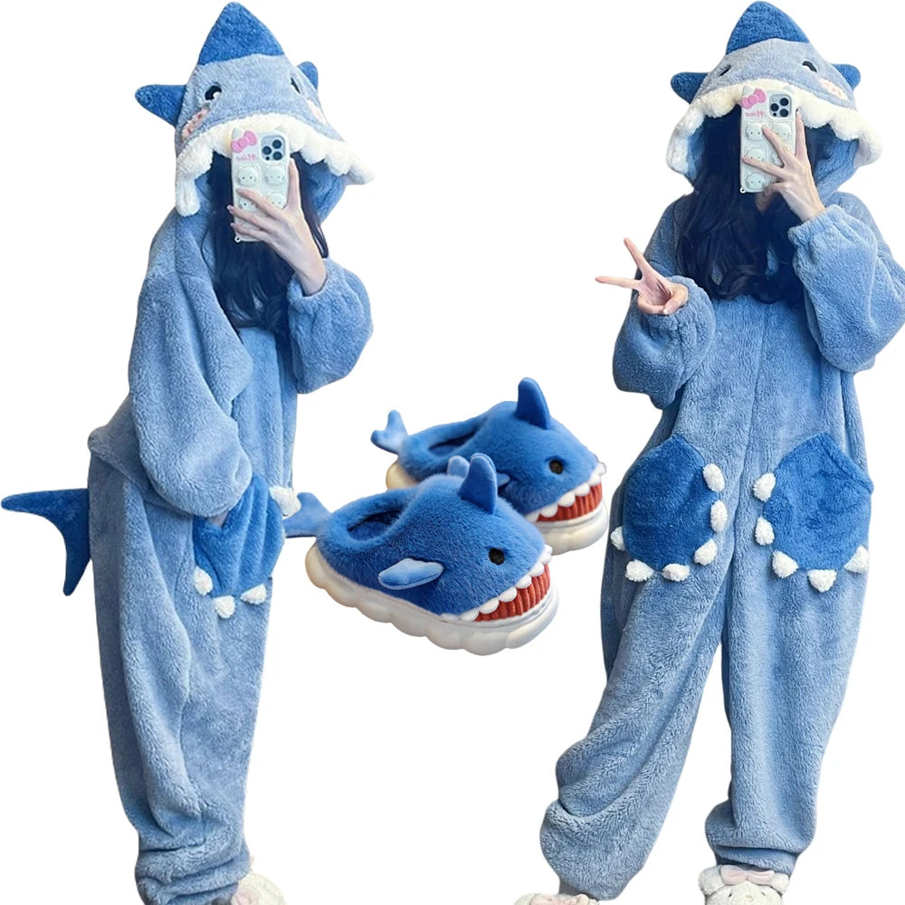 Cartoon niedlichen Hai Frauen Kapuze Nachtwäsche Kigurumi Einhorn Winter Cosplay Pyjama Overall weibliche Weihnachts feier Lounge wear
