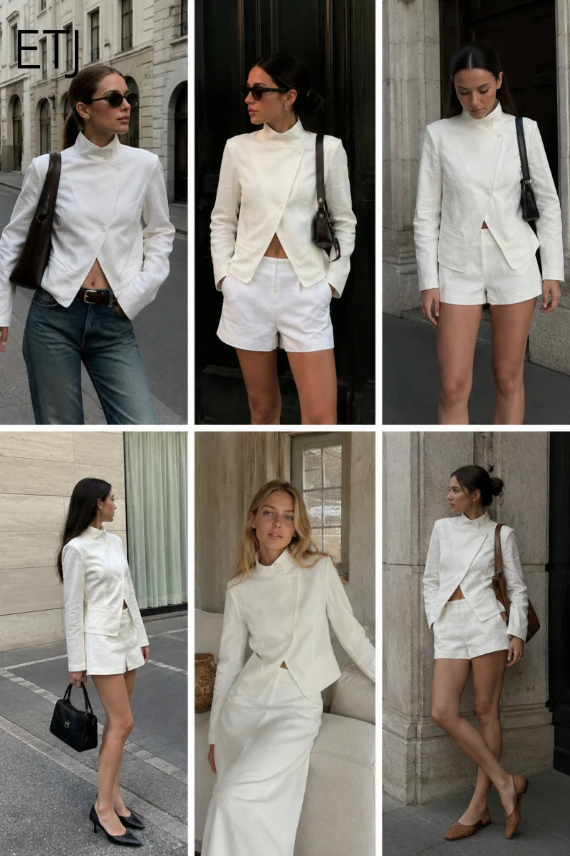 ETJ 2026 Neues Damen-Blazer-Shorts-Set mit hohem Kragen, asymmetrischer Knopfjacke, minimalistischem, maßgeschneidertem Co-Ord-Outfit
