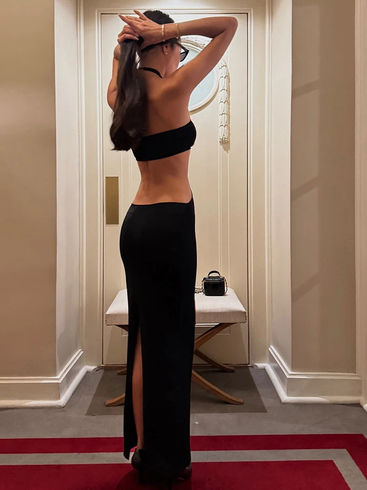 Nibber Hottie 2-teiliges Set Damen Brust gewickeltes Top + Neckholder rückenfrei Pfirsich Hüfte hoch geteiltes Kleid Sexy passendes Dating Slim Clubwear