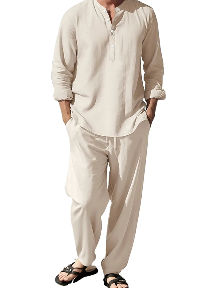 2-teiliges Hemd-Hosen-Set, langärmeliges Henry-Hemd, Hosenanzug, Sinn für Textur, Urlaub, leicht, atmungsaktiv, drapiert, Herrenbekleidung