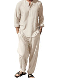 2-teiliges Hemd-Hosen-Set, langärmeliges Henry-Hemd, Hosenanzug, Sinn für Textur, Urlaub, leicht, atmungsaktiv, drapiert, Herrenbekleidung