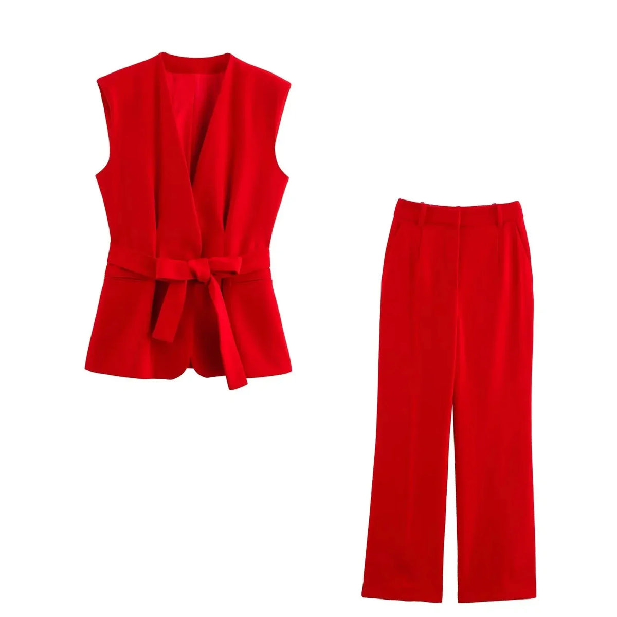 KONDALA Büro Dame Chic Rote Weste Blazer Anzug V-ausschnitt Schärpen Ärmellose Blazer Hohe Taille Breite Bein Hosen Mode 2025, Sommer Sets