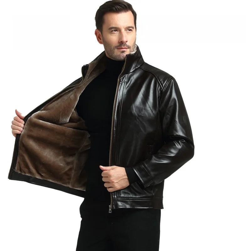 Verdickte Fleece Gefüttert Stehkragen Casual Leder Jacke männer PU Leder Pelz Integrierte Herbst Winter Neue Stil Modische