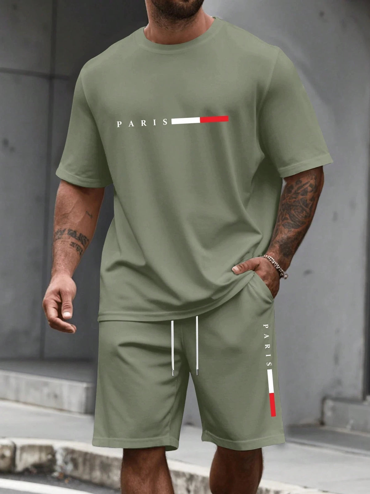 Paris-Buchstaben-Print Herren Frühling und Sommer Zweiteiler Set Lässiger Rundhals Kurzarm T-Shirt Shorts Sportanzug Bedruckte Kleidung