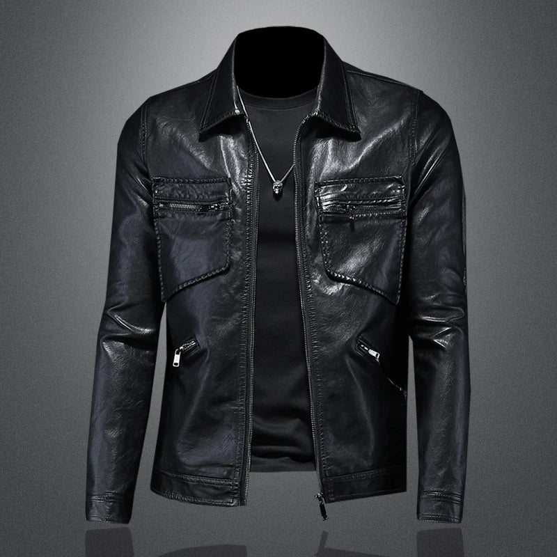 2024 Herbst und Winter neue Herrenmode schönen Trend Geschäft Freizeit Revers Motorrad Ledermantel schlanke stilvolle Mann M-4XL