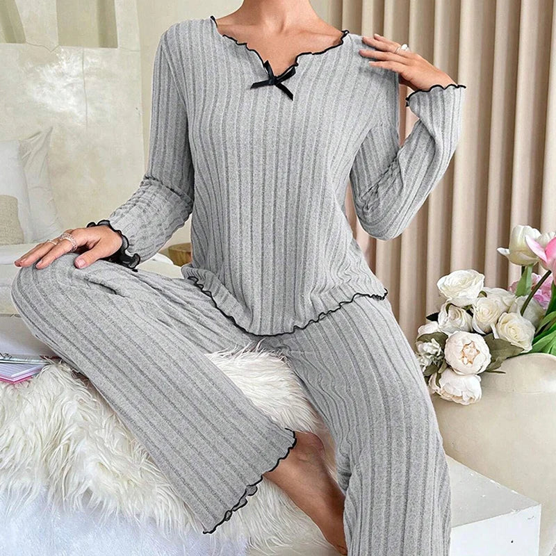 Damen-Herbst-Winter-Nachtwäsche, geripptes Pyjama-Set, langärmliges Oberteil und lange Hose, 2-teiliges Set, lässige Homewear, Loungewear