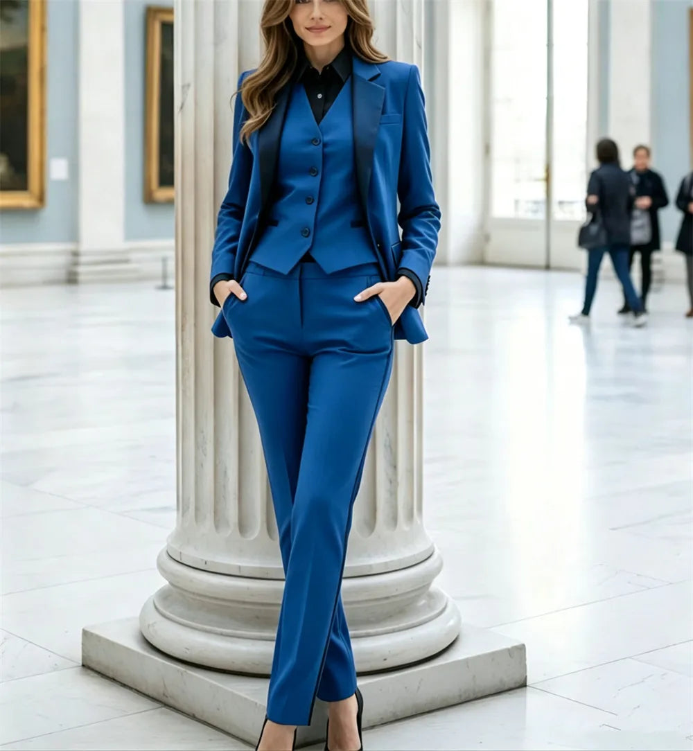 Beige Damenanzüge, 3-teiliger Damenanzug, Bürokleidung, Traje Mujer, eleganter Hosenanzug im Smoking-Stil, Business-Anzug