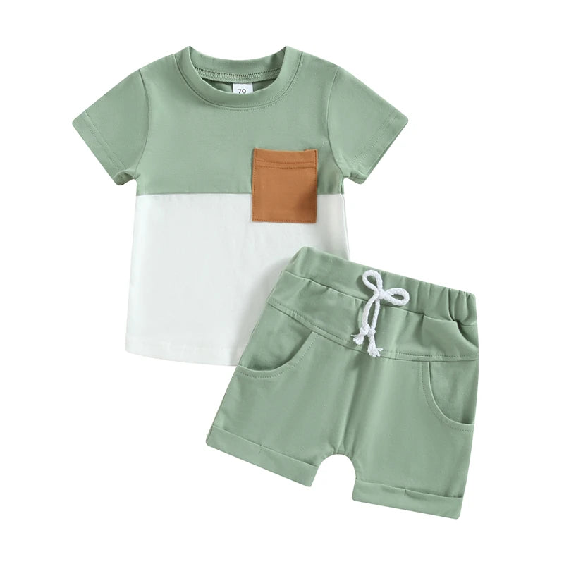 Kleinkind Kleinkind Baby Jungen Sommer Kleidung Sets Kurzarm Kontrast Farbe Tops + Einfarbig Kordelzug Shorts 2 stücke Outfit