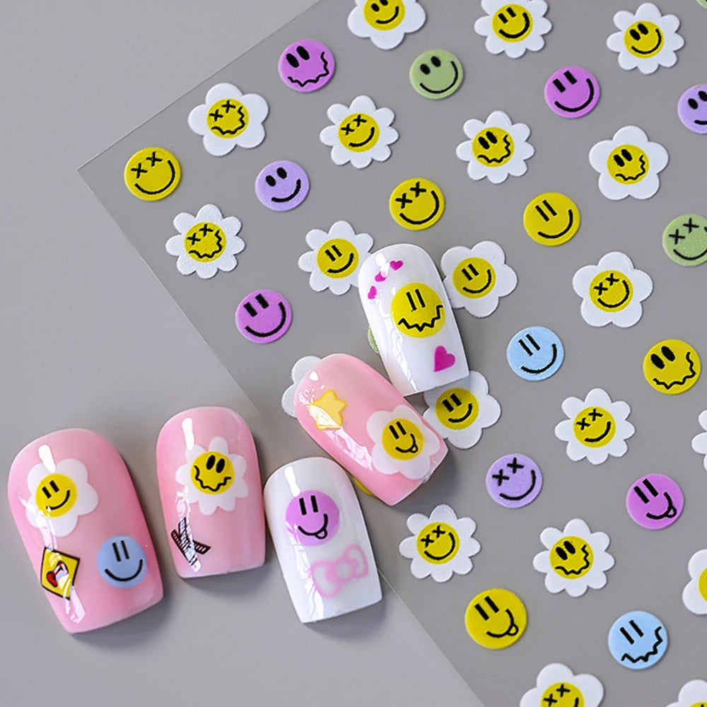 5D geprägte Lächeln Nail Art Aufkleber lustig/Lächelnde Sonnenblume Nail Art Aufkleber Kawaii Macaron selbstklebendes Design DIY glückliche Dekoration