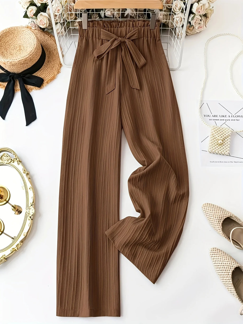 Damen-Hose mit hoher Taille und weitem Bein, fließende, strukturierte, lockere Freizeithose