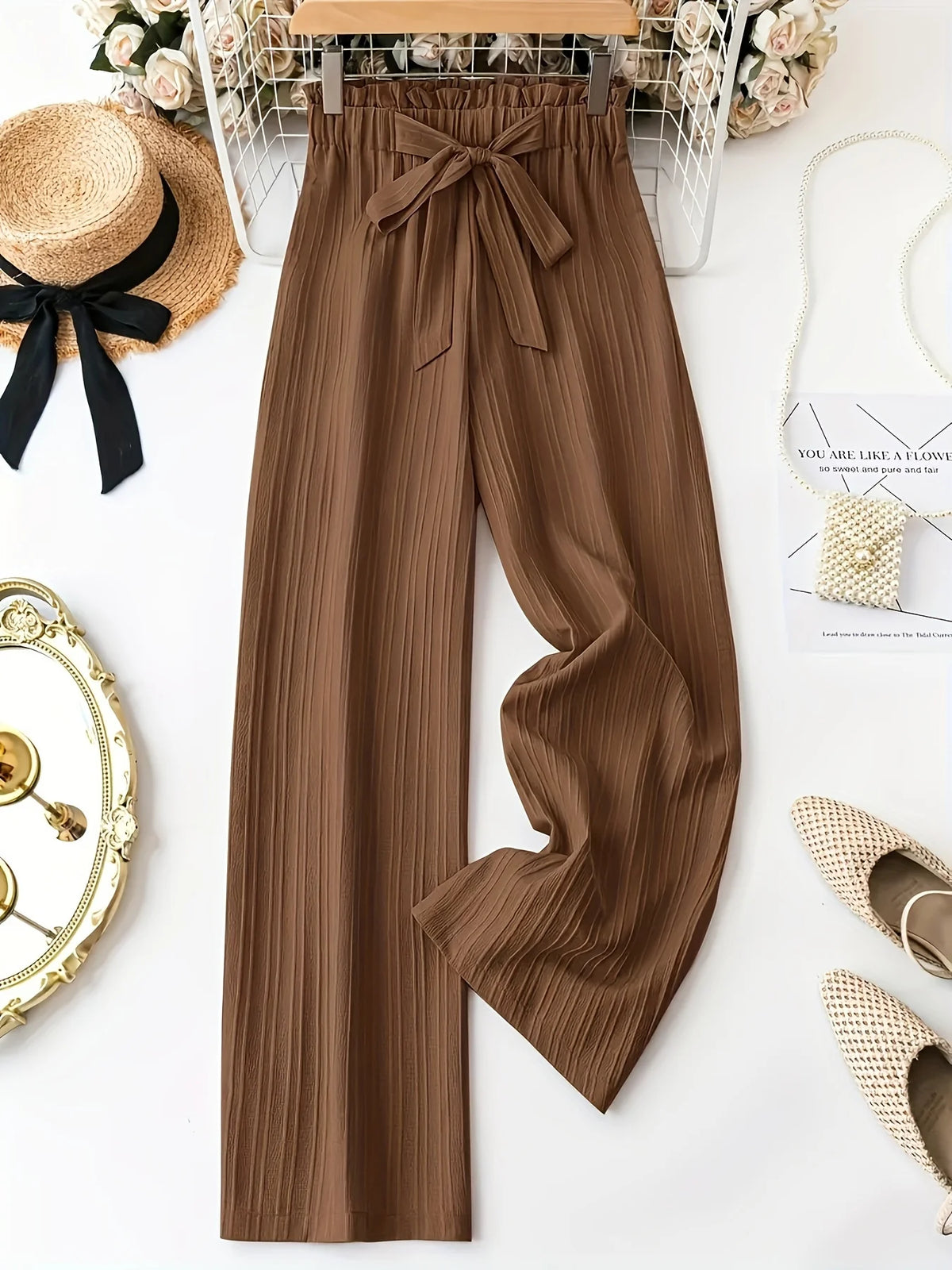 Damen-Hose mit hoher Taille und weitem Bein, fließende, strukturierte, lockere Freizeithose