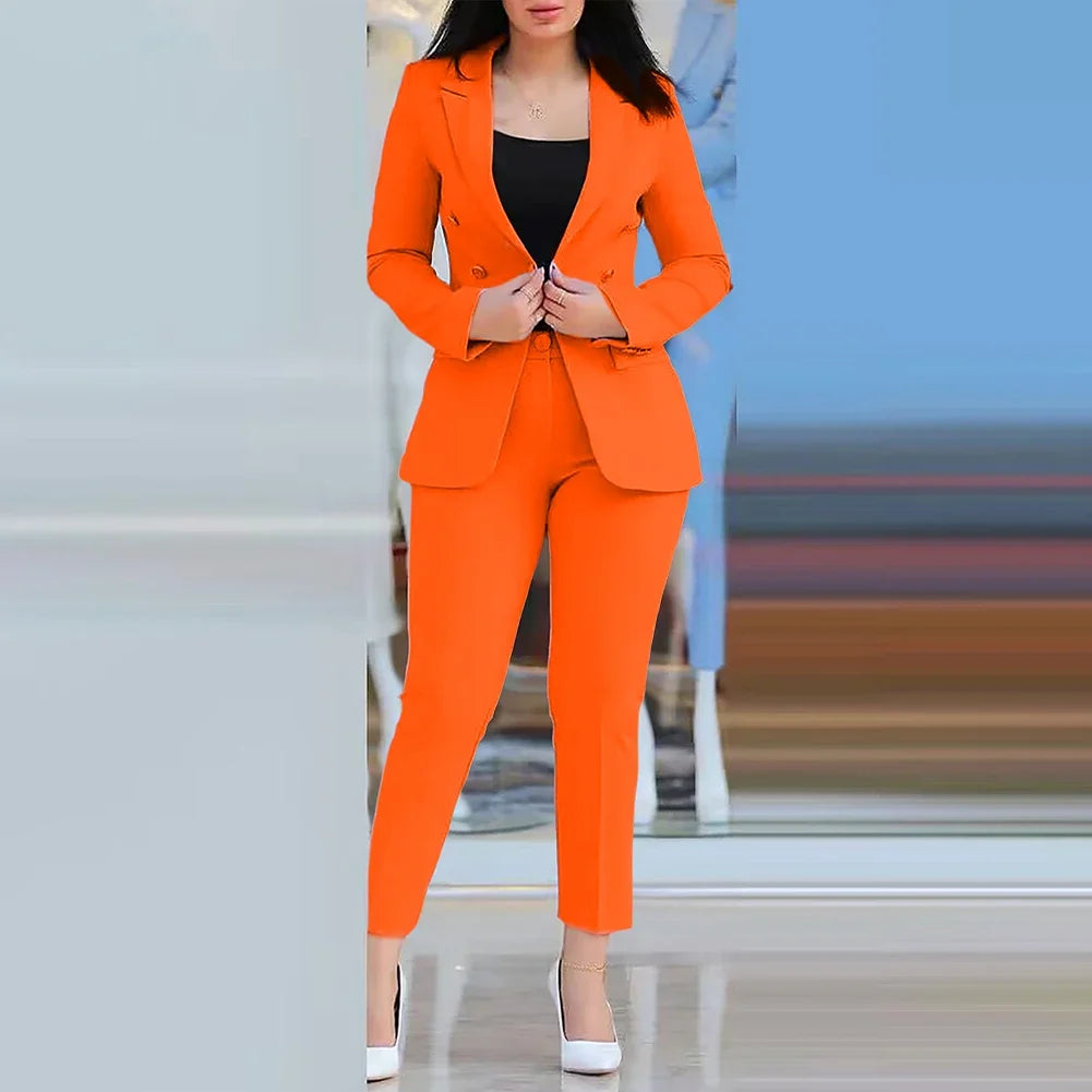 2-teiliges Set für Damen, Freizeitanzug, neuer Zustand, Polyesterstoff, normale Länge, einfarbig, modischer Business-Look