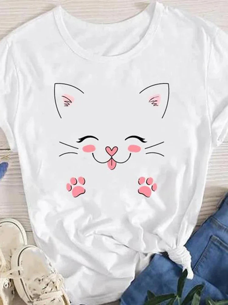 Frauen Dame Übergroßen T-shirt Tees Weibliche Koreanische Mode Sommer Kurzarm Cartoon Print Grafik Kleidung Tops Nette Katze Tier