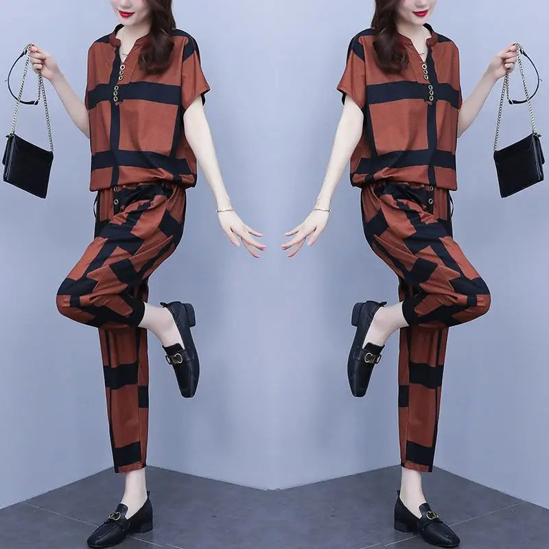Frauen Casual Anzug 2025, Frühling Sommer Neue Mode Lose Koreanische Plus Größe Kleidung Kurzarm Tops Harun Hosen 2 Zwei Stück Set