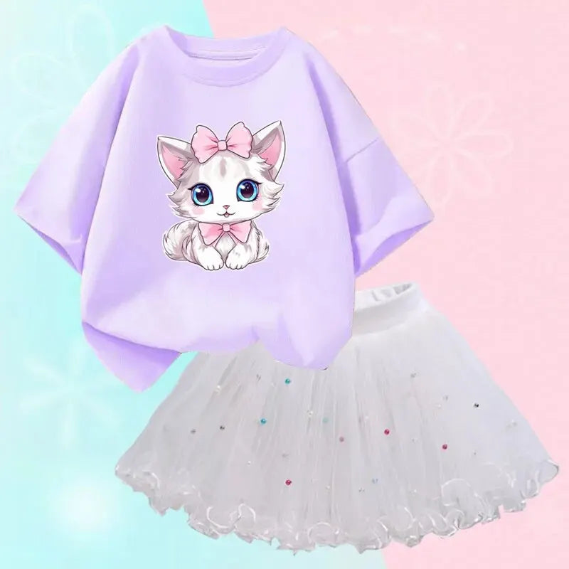 Nette Sommer Mädchen Outfits Cartoon Katze T-shirt und Tutu Rock 2 teil/satz Mädchen Prinzessin Kleidung Anzug Kinder Geburtstag Kleidung