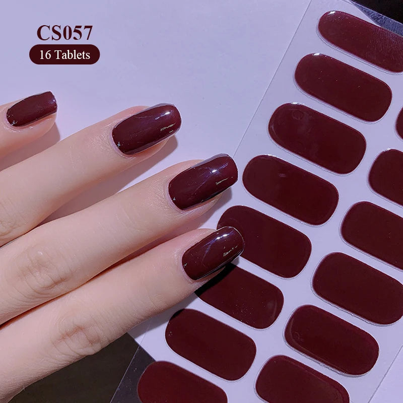 16 Tipps weinrote Nagelaufkleber, langlebig, einfarbig, volle Nagelfolien, selbstklebender Slider, Nagelkunst, DIY-Aufkleber, Maniküre-Dekor