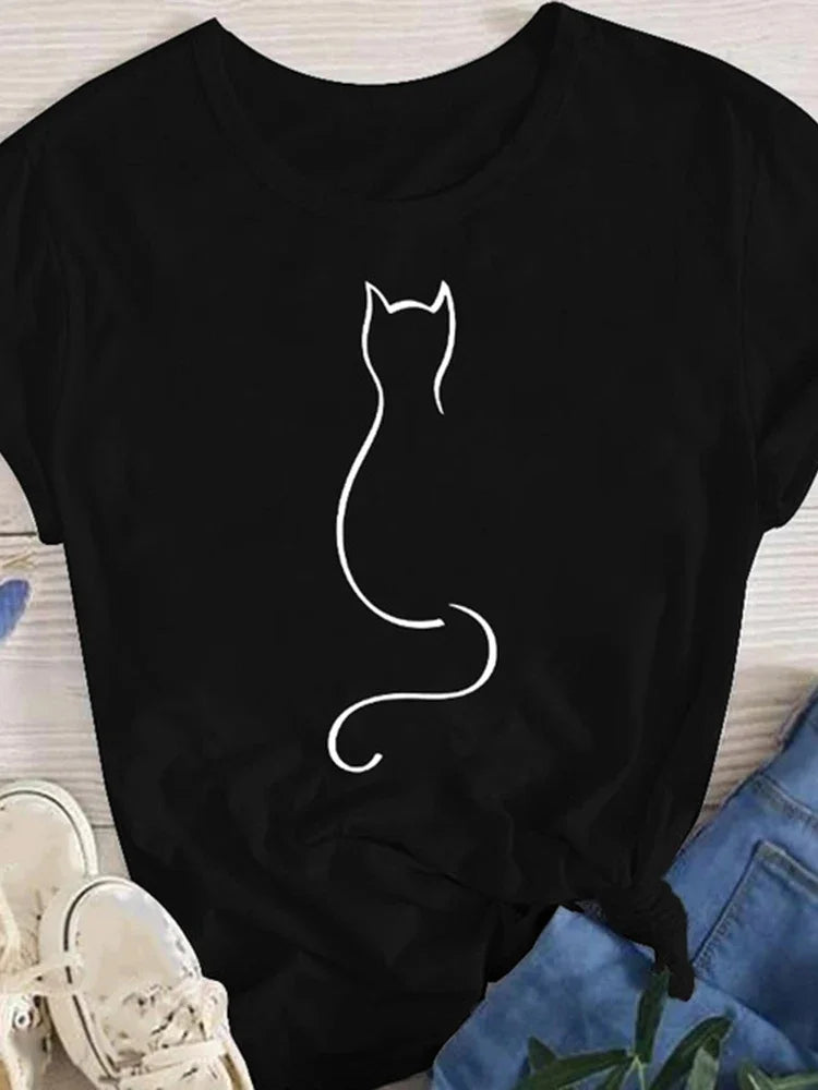 Frauen Dame Übergroßen T-shirt Tees Weibliche Koreanische Mode Sommer Kurzarm Cartoon Print Grafik Kleidung Tops Nette Katze Tier