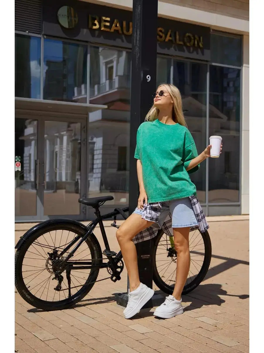 Mode Frauen Baumwolle Solide Gewaschen T-shirts Lose Oansatz T-shirts Straße Casual Komfortable Kurzarm Tops Weibliche Kleidung