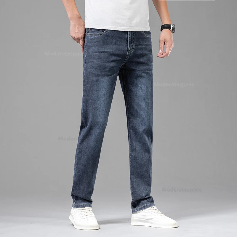 Sommer Dünne männer Baumwolle Jeans Neue Mode Grau Elastische Gerade Business Casual Hosen Bequeme Marke Hosen
