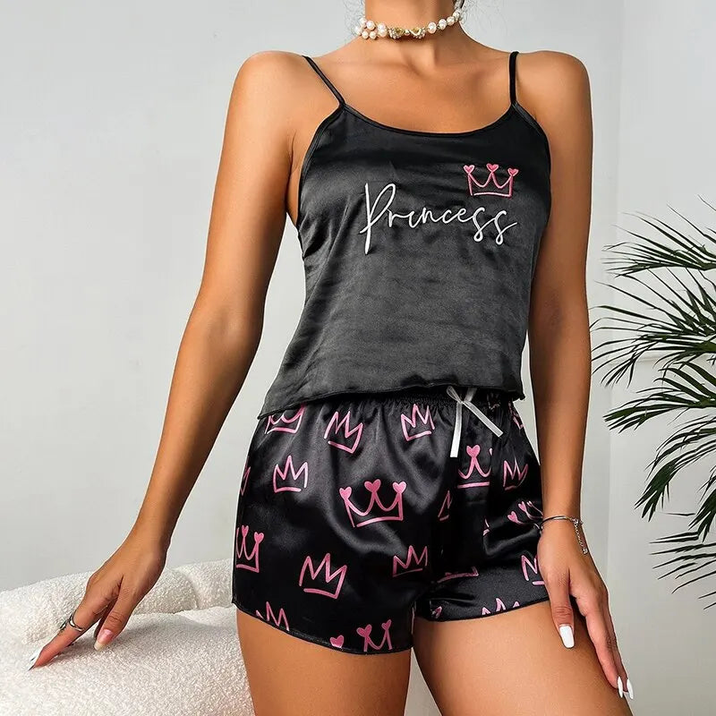 Pyjamas Damen Sexy Dessous Satin Nachtwäsche Seide Cami Shorts Set Weiche Schlaf Pjs 2-teilige Nachtwäsche Print Pyjamas Mujer Homewear