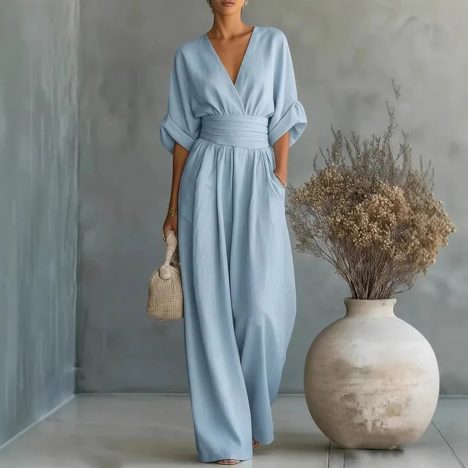 2026 Frühling Damen Jumpsuits mit tiefem V-Ausschnitt, elegante einfarbige High-Waist-Rompers, lässige Weite-Bein-Hosen mit Taschen, Overall für den Urlaub