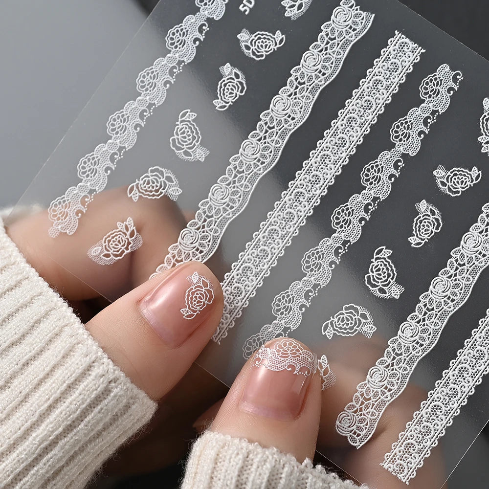 5D Relief Weiße Spitze Nagel Aufkleber Elegante Hohle Spitze Französisch Nagel Aufkleber Selbstklebende Hochzeit Spitze DIY Maniküre Liefert $ # TY3