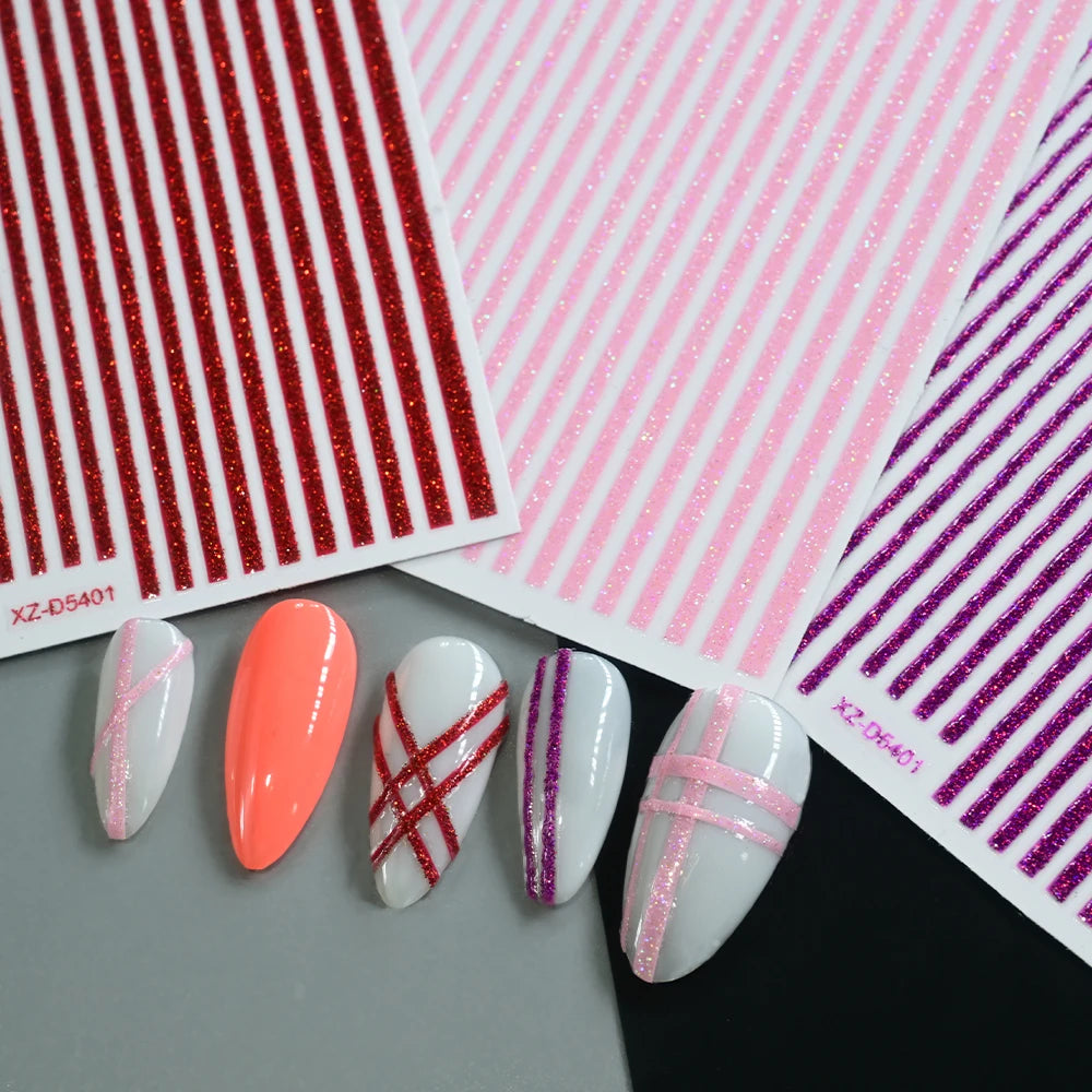 1/8 Stück 3D Glitter Line Stripe Nagelaufkleber Glänzendes Gold Silber Streifen Geometrie Selbstklebender Slider Glitzer French Line Nagelaufkleber