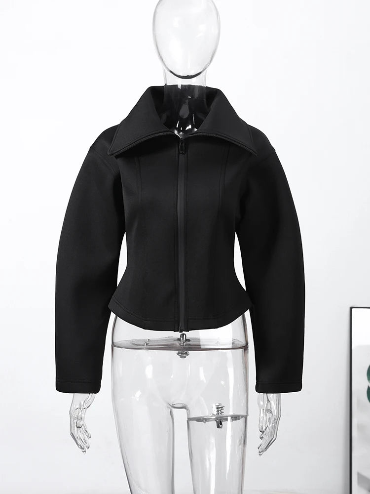 Damen Schwarze Reißverschluss-Jacke mit Revers, Eleganter Langarm-Cropped-Mantel mit Taillierung, Frühjahr 2026, Schicke Lässige Streetwear-Oberbekleidung