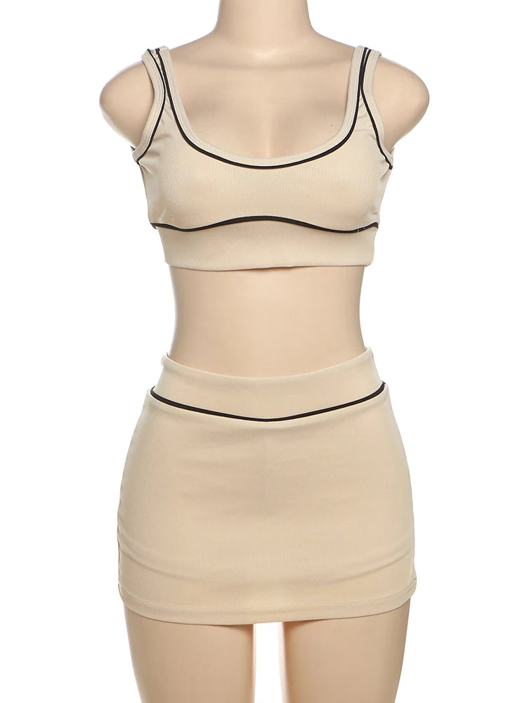Nibber Skinny geripptes 2-teiliges Set für Damen, schwarze String, rückenfreie Tanktops + seitlich geteilte Shorts, Rock, 2022, Sommertrend, passende Anzüge