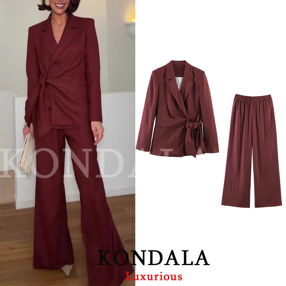 KONDALA Vintage Bürodamen-Anzug mit V-Ausschnitt, Langen Ärmeln, Gürtel-Blazer und Weiter Hose, Modisches Elegantes Damen-Set für Frühling/Sommer 2026