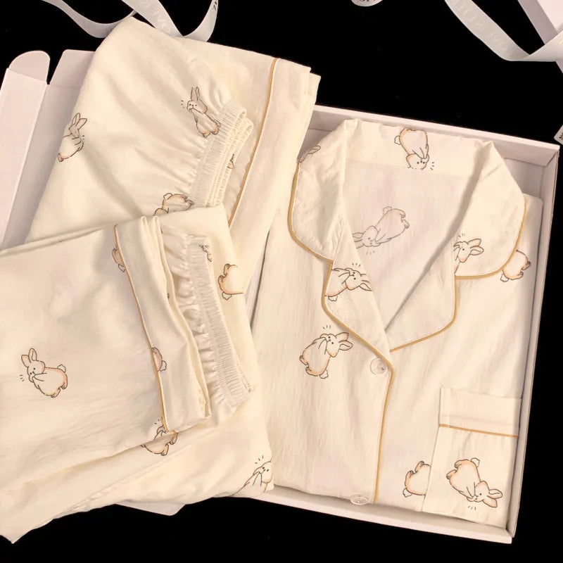 Frauen Neue Koreanische Einfache Kaninchen Druck Pyjamas Frühling und Sommer Wolken Drei-Stück Set Mode Faul Freizeit hause Tragen