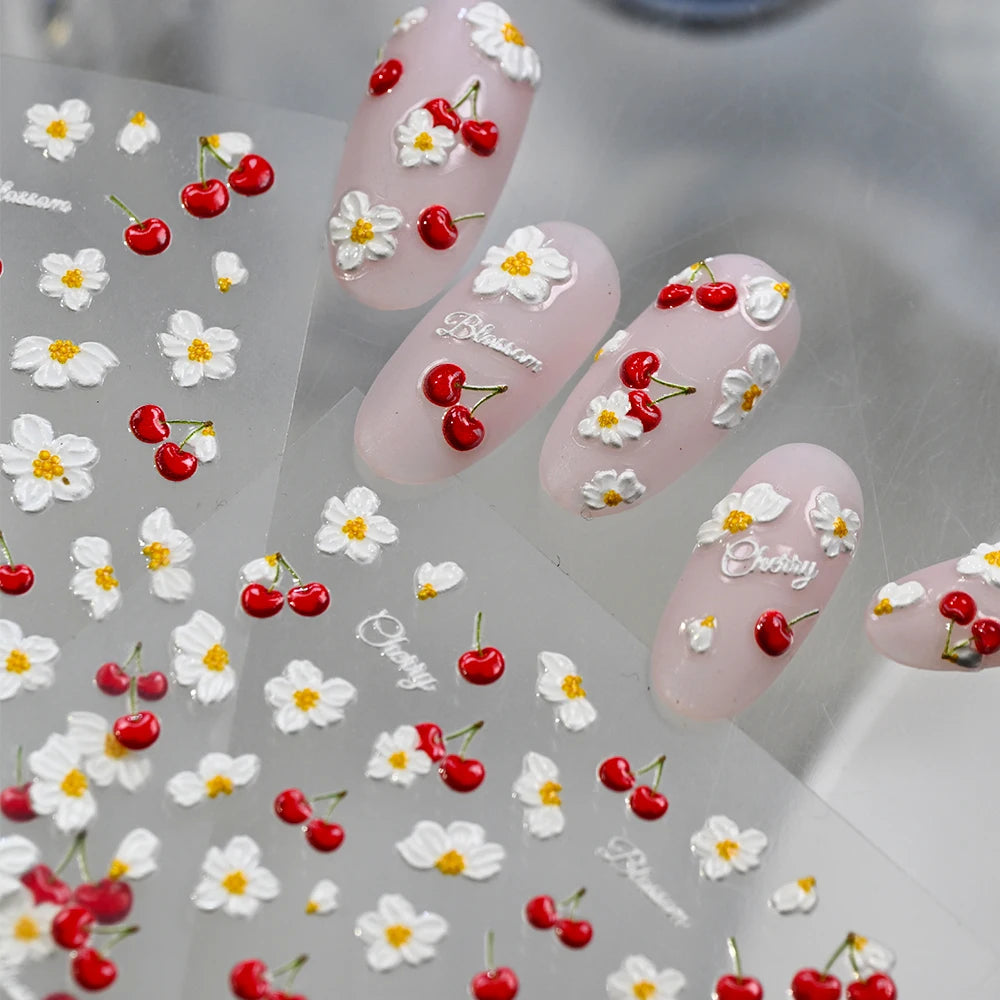 5D Frische Kirschblüten Nagelaufkleber Geprägte Frühlings-Blumen- und Fruchtdesigns DIY Süße Maniküre-Dekorationen