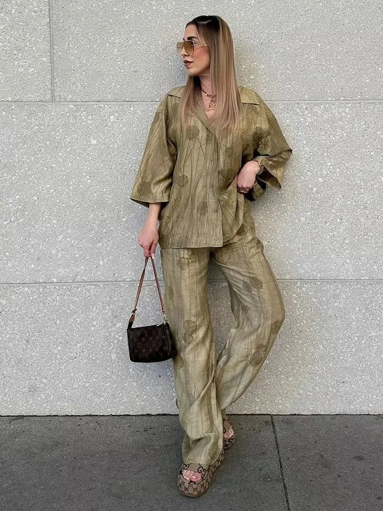 HH Frauen Elegante Jacquard Bluse Hose Sets Casual Langarm Hemd Breite Bein Hosen 2024 Weibliche Mode Streetwear Anzug