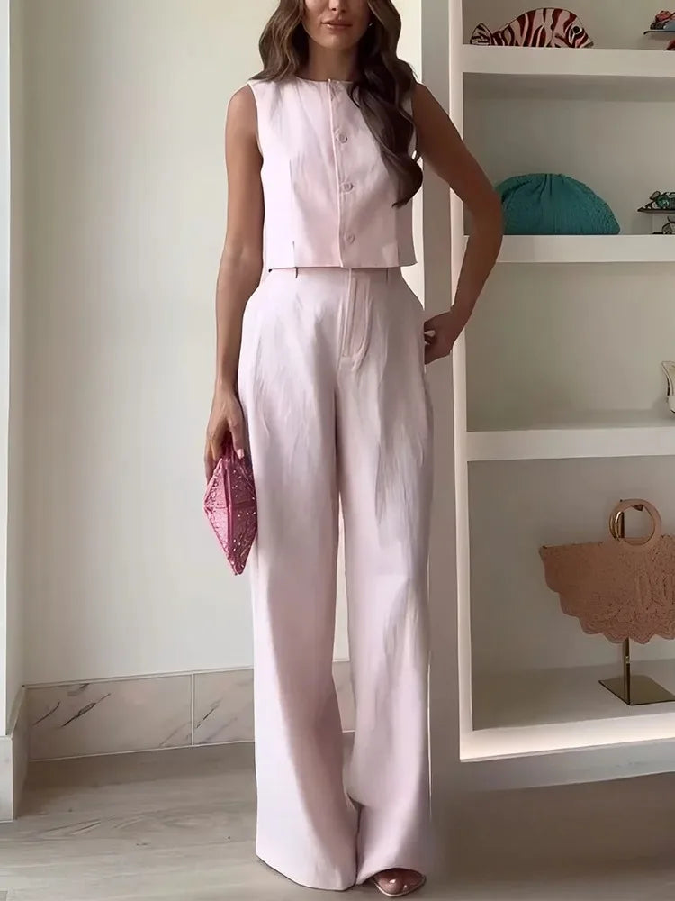 KONDALA Casual Büro Dame Chic Rosa Frauen Anzug Solide Oansatz Tasten Weste Gerade Lose Hosen Mode 2025, Frühling Sommer Set