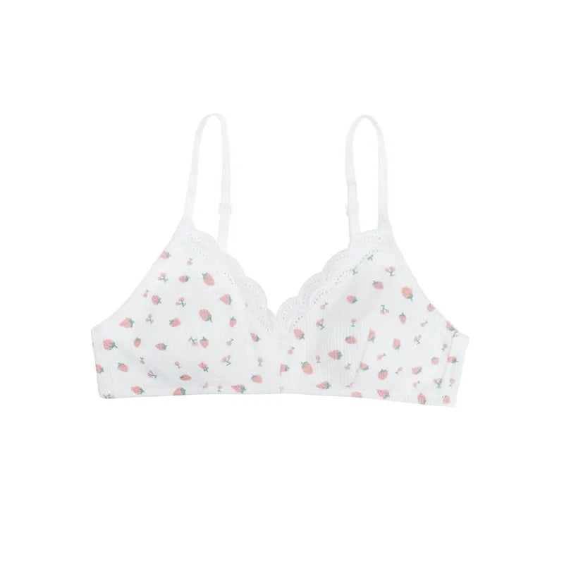 Süßes japanisches Lolita-BH-Set mit Kirsch-Erdbeer-Druck, kabellos, nicht gepolstert, Bralette, Anti-Durchhängen, Komfort, Körbchengröße AB, MOYISU 32–38 Sexy