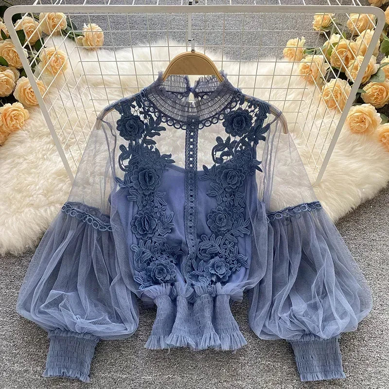 Spitze Puff Langarm Bluse Vintage-Mode Blusen Elegante Femme Blusas Koreanische Frau Tops Frauen Shirts Kleidung Dropshipping