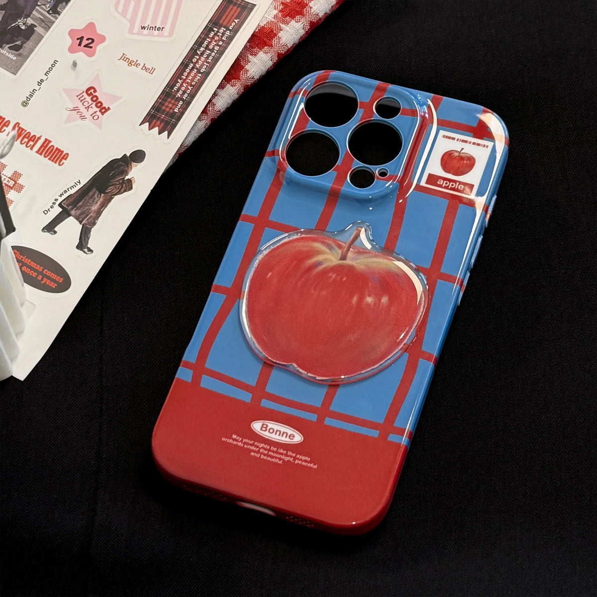 Koreanische Karierte 3D Rote Apfel Handyhülle mit Kette für iPhone 17 Air 16 15 14 13 12 11 Pro Max XS XR X 8 Plus Stoßfeste Hartschale