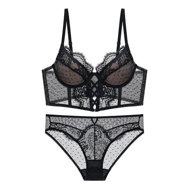 Push-Up Spitzen-Dessous-Set für Damen, Transparentes Negligé mit Weichem Bügel-BH, Fischgräten-Teddy, Sexy Braut-Flitterwochen-Outfit, S-XL