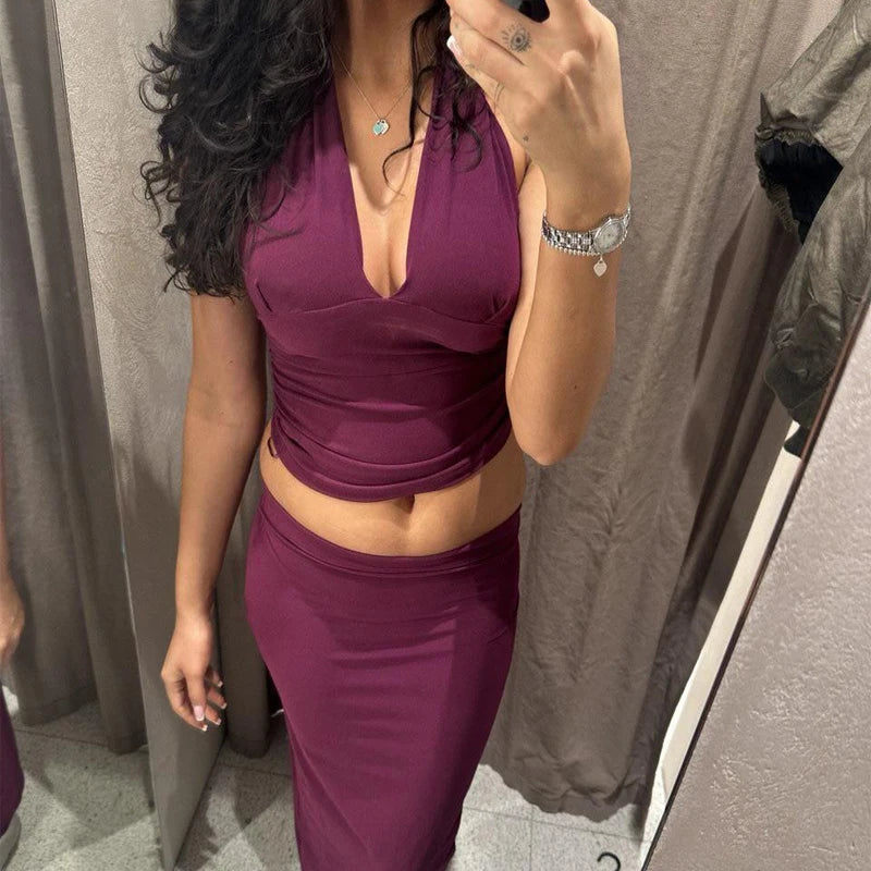 Zweiteiliges Set für Damen, sexy, rückenfrei, Neckholder-Top, Sommer-Set, Frau, Schlitz, hoher Taillenrock, elegantes Damen-2-teiliges Set, 2025