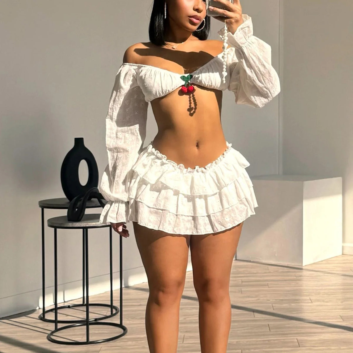 2-teiliges Set sexy schulter freier Langarm-Minirock mit Crop-Top und Shorts unter dem Rock anzug für Frauen